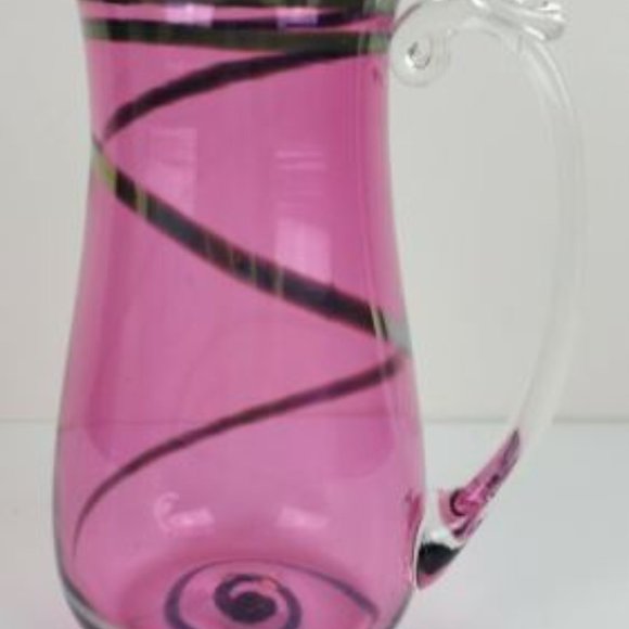 Hand Blown Pitcher 7" Shelve Art Glass Pink Silver Swirl Water Lemonade Juice - Picture 2 of 11